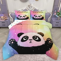 Feelyou Kawaii Panda Child Bedding Comforter Set, Glitter Stars Galaxy Twin Comforter Sets, Dreamy Cartoon Rainbow Reversible Bedding Set, Breathable Home Decor, 2pcs