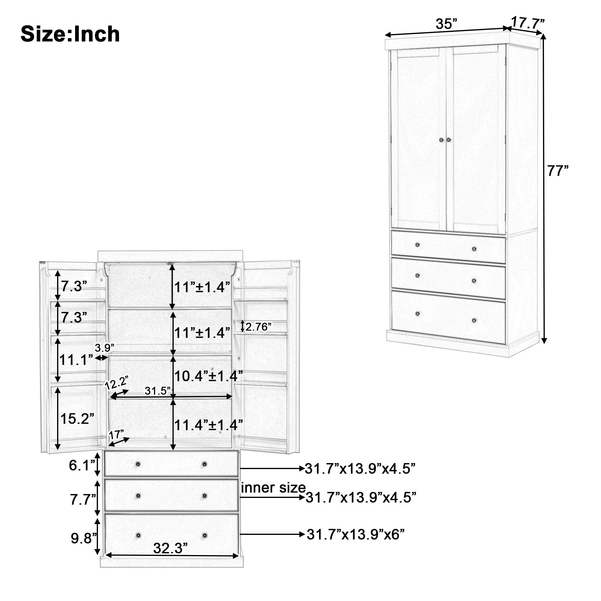 PAPROOS 77" Tall Kitchen Pantry Cabinet, Wood Pantry Storage Cabinet with 3 Drawers, 2 Doors, Farmhouse Cupboard Storage with 3 Adjustable Shelves, 8 Door Shelves for Dining Room, Craft Room, Blue