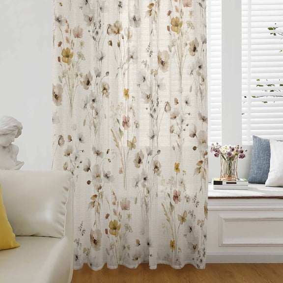 Vintage Spring Floral Sheer Curtains 45 Inches Long for Living Room/Bedroom, Summer Botanical Rustic Rod Pocket Voile Kitchen Curtains & Drapes Window Treatment 1 Panel, 52"W x 45"L