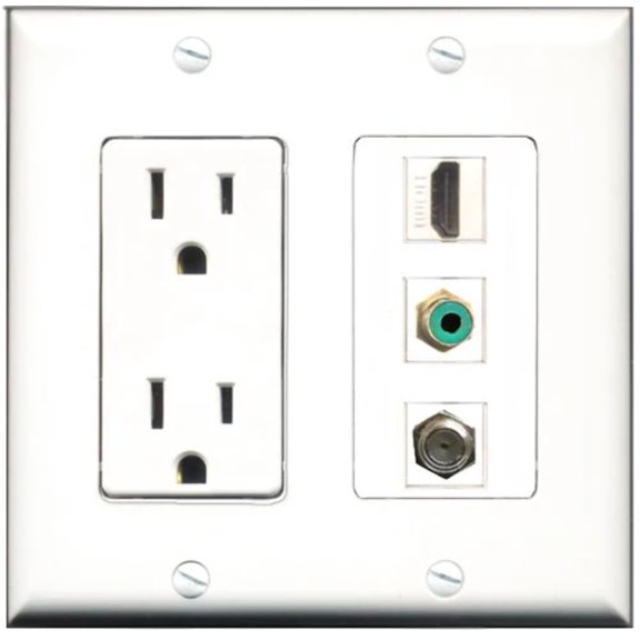 RiteAV - 15 Amp Power Outlet 1 Port HDMI 1 Port RCA Green 1 Port Coax Decorative Wall Plate