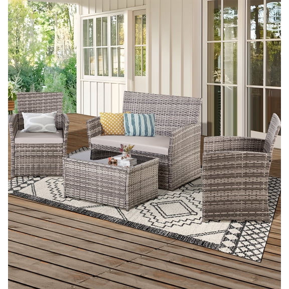 YYJO 4-Piece Outdoor Furniture Set, PE Rattan Patio Furniture Set with 2 Armchairs , Loveseat , Coffee Table for Balcony, Porch, Backyard
