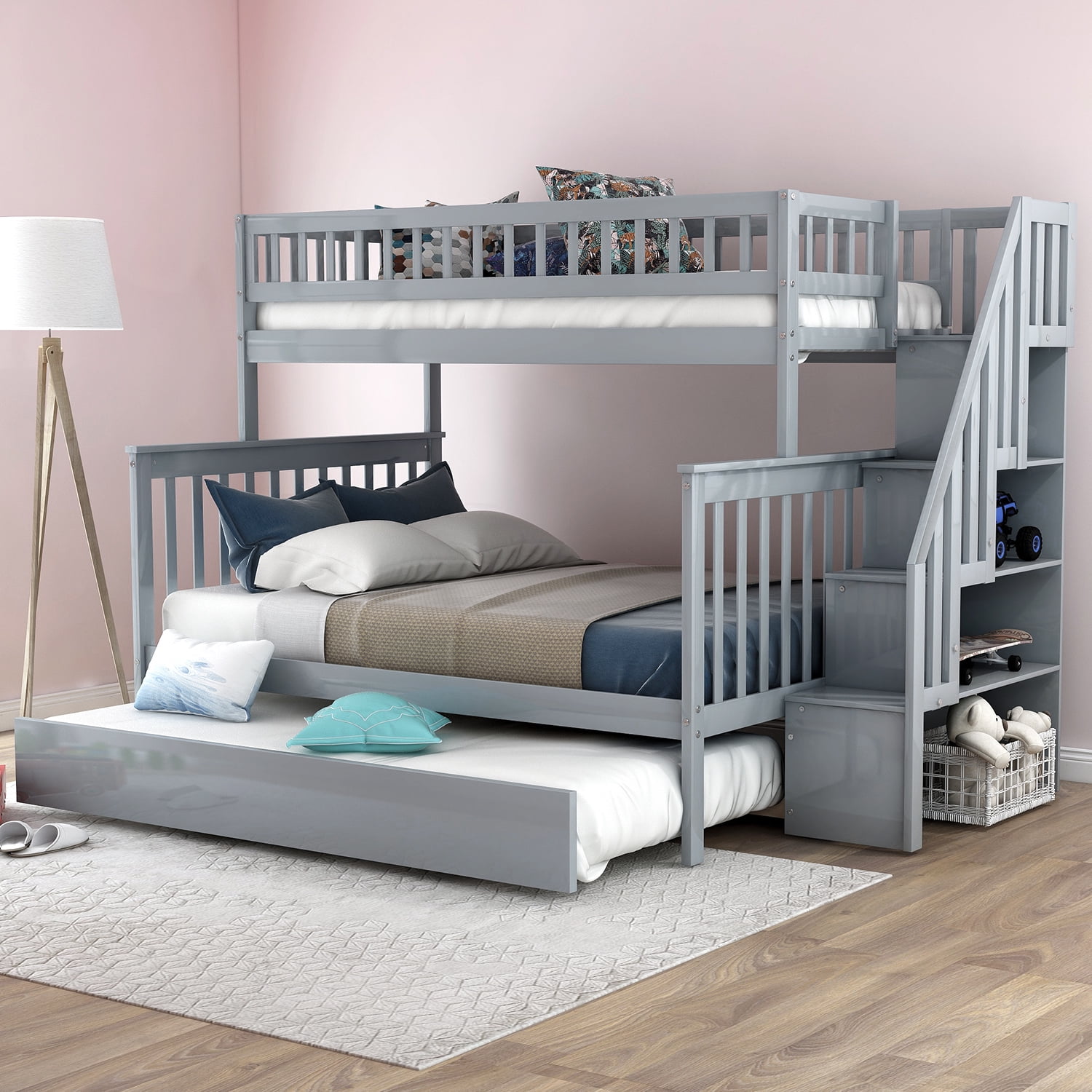 Harper&Bright Designs Twin Over Full Bunk Bunk Bed with Trundle and Stairs for Kids, Multiple ...