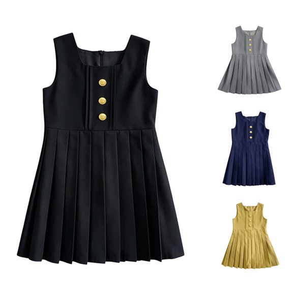 Byoo Girl's Solid Gold Button Pleated Jumper Dress Sleeveless Back To School Uniform Daily Dresses