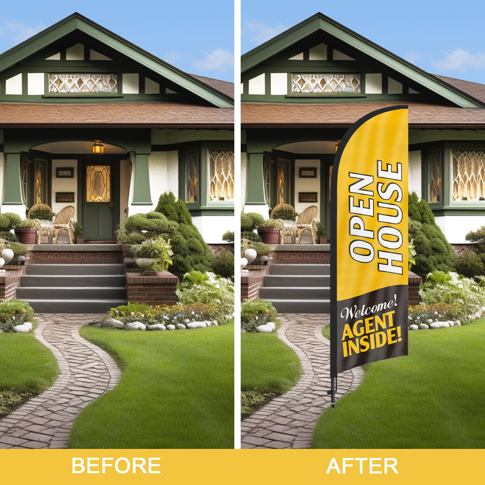 QSUM Open House Feather Flag with Flag Pole Kit and Ground Spike, 7FT Open House Windless Flag Banner Sign Business for Welcome Agent Inside Outdoor Advertising Sign Decoration Display（Orange）