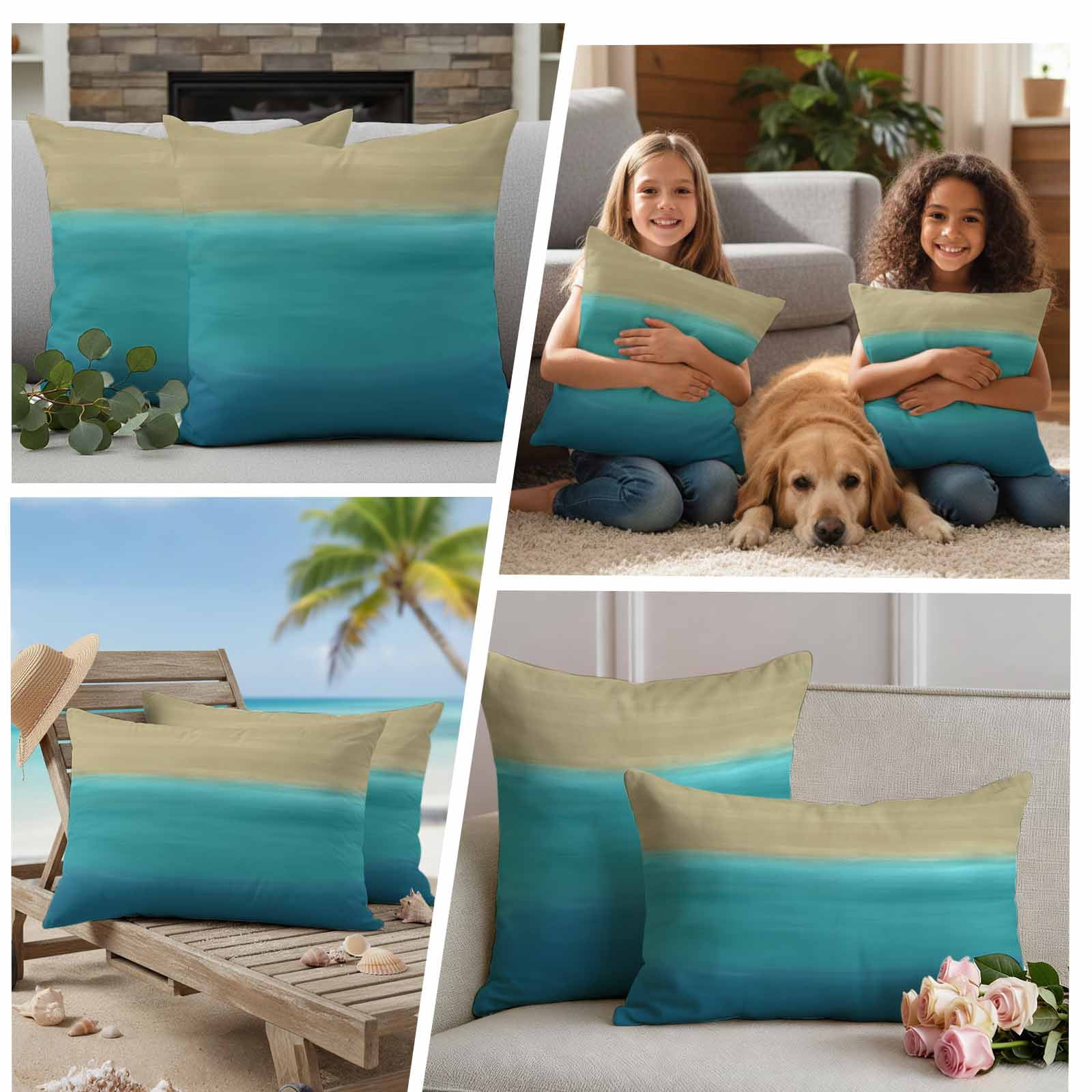 Teal Blue Ombre Outdoor Waterproof Pillow Covers, Modern Abstract Gradient Art Decorative Square Throw Pillowcase Sofa Cushion Sham for Patio/Couch/Chair, 24"x24" 2 Pack