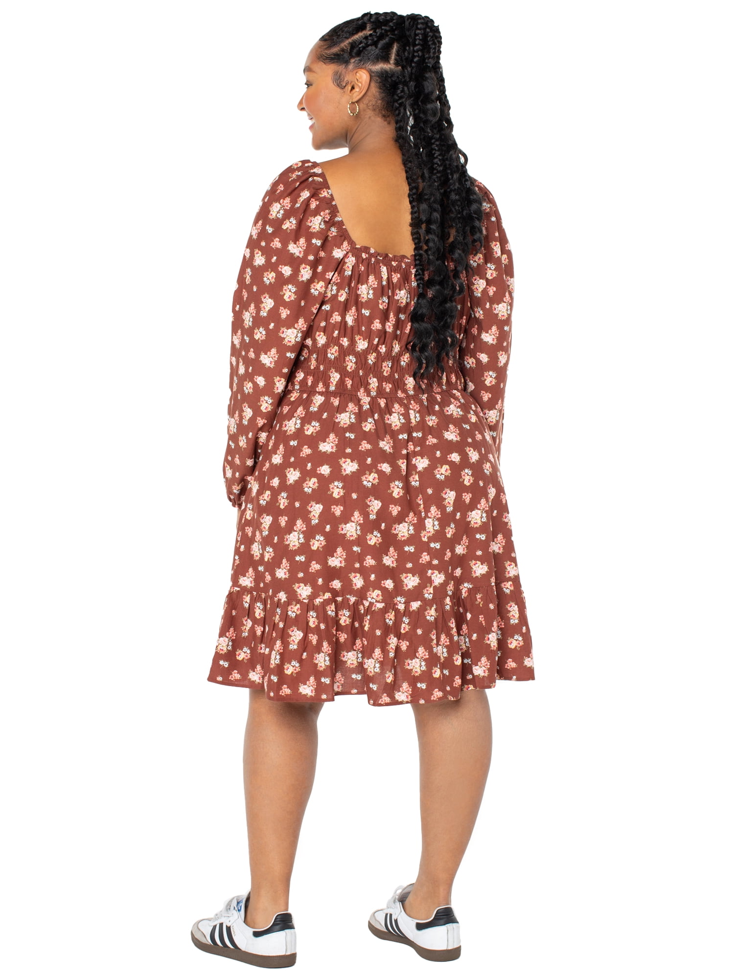Celebrity Pink Women’s and Women’s Plus Floral Print Babydoll Dress with Long Sleeves, Sizes XS-4X