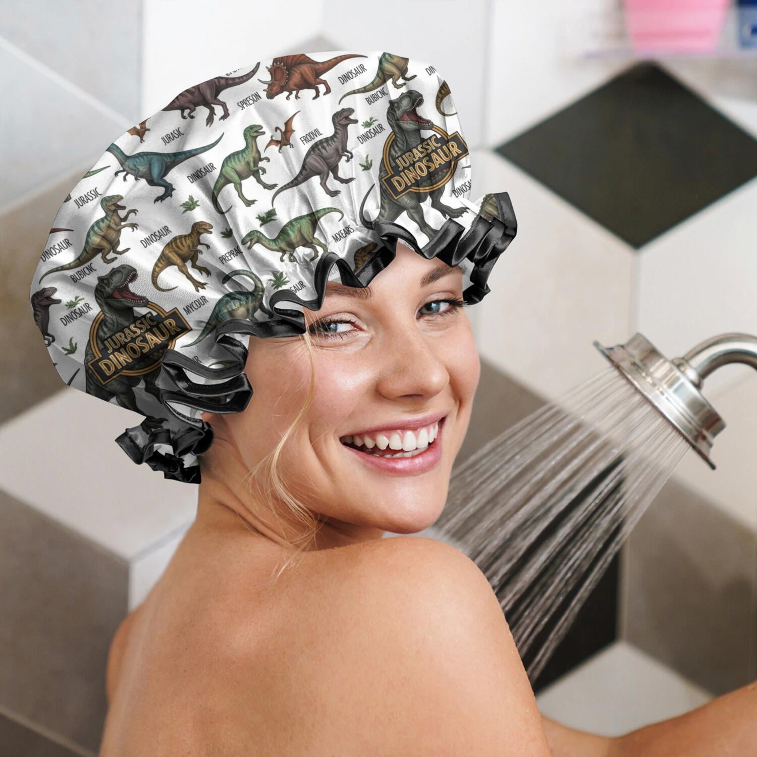 Shower Caps,White Dinosaurs Label Pattern Waterproof Shower Cap for Women 4 Pieces,Double Reusable Hair Cover for Shower PEVA Elastic Stretch Hem