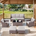 thumbnail image 2 of POCASSY 6PCS Outdoor Furniture Set with Outdoor Sofa, Outdoor Wicker Accent Chair, Ottoman and Coffee Table, All Weather Brown Wicker Outdoor Conversation Set for Porch, Balcony, Garden - Brown/Beige, 2 of 15
