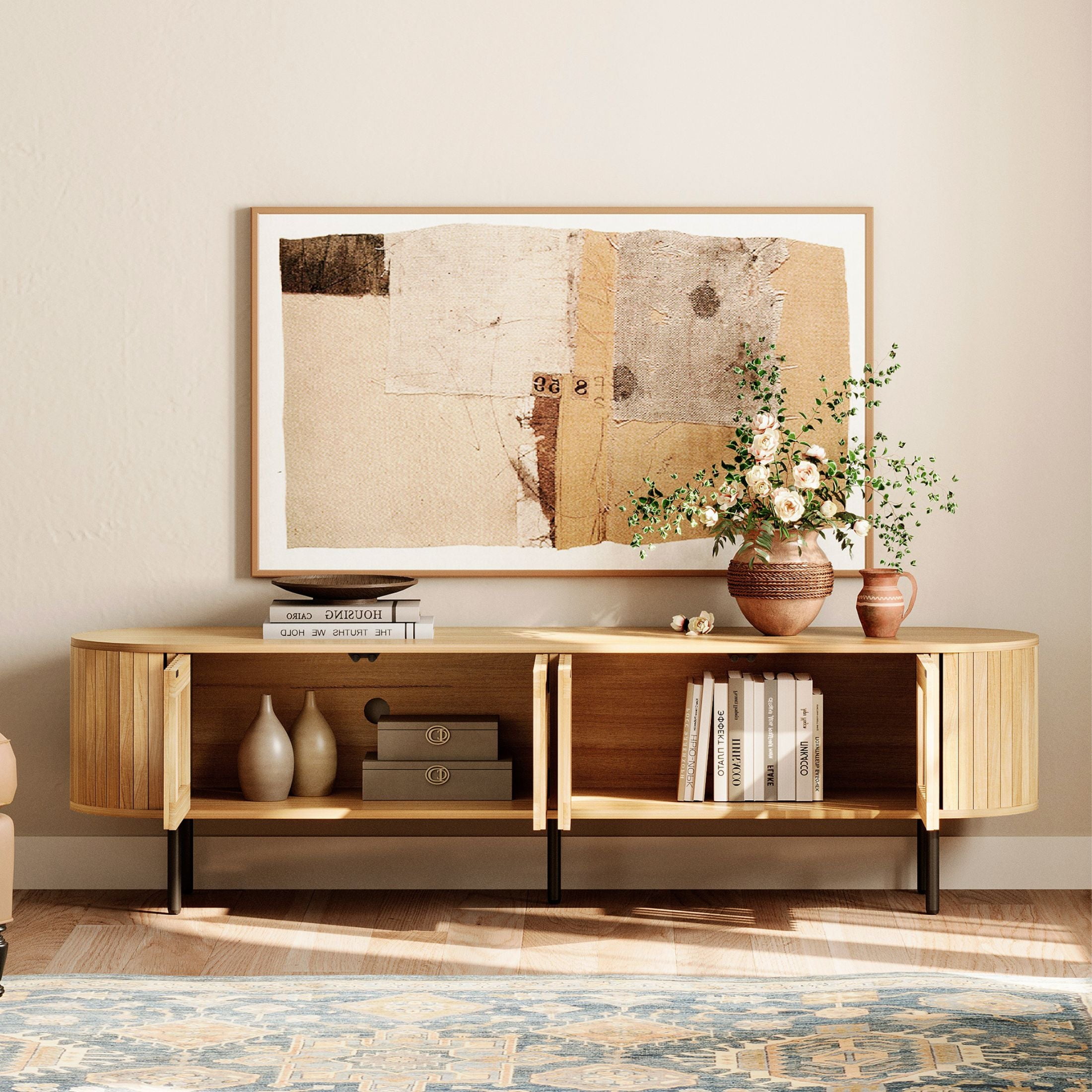 FITUEYES 70" Fluted TV Stand for 75" TVs, Mid-Century Modern Wood Console with Pop-up Doors, Ideal for Living Room & Bedroom, Oak