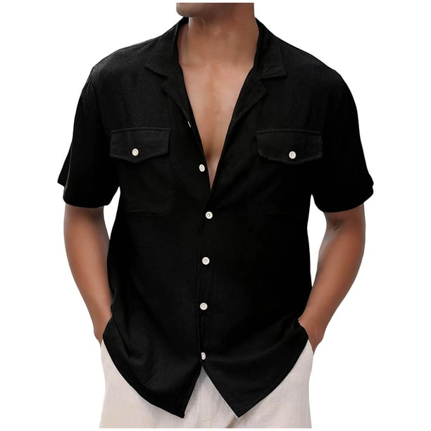 Mens Loose Fit Camisas Verano Manga Corta Solapa Botón Arriba, Estilo de Cárdigan de Color Sólido con Bolsillo para Casual