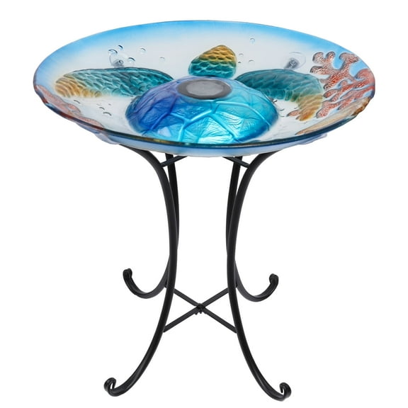 Wonder Garden Solar Bird Bath with Metal Stand, Glass Birdfeeders for Outdoors, Sea Turtle Pattern Bird baths for Lawn Decor