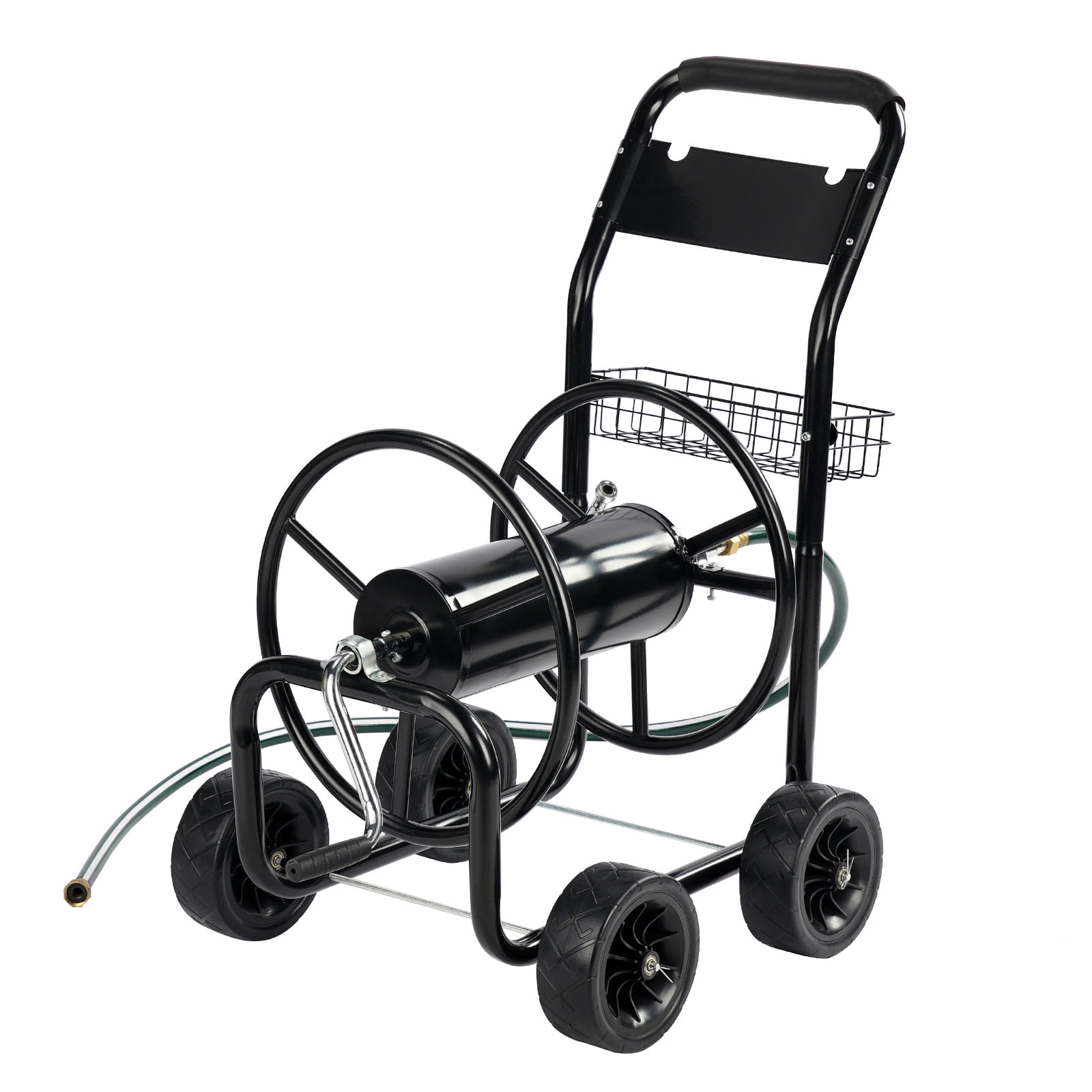 Heavy Duty Garden Hose Reel Cart with 4 Wheels & Storage Basket, Powder-Coated Steel Frame, Brass Fittings, Foam-Padded Handle, Mobile Water Hose Caddy for Yard Lawn Commercial Use