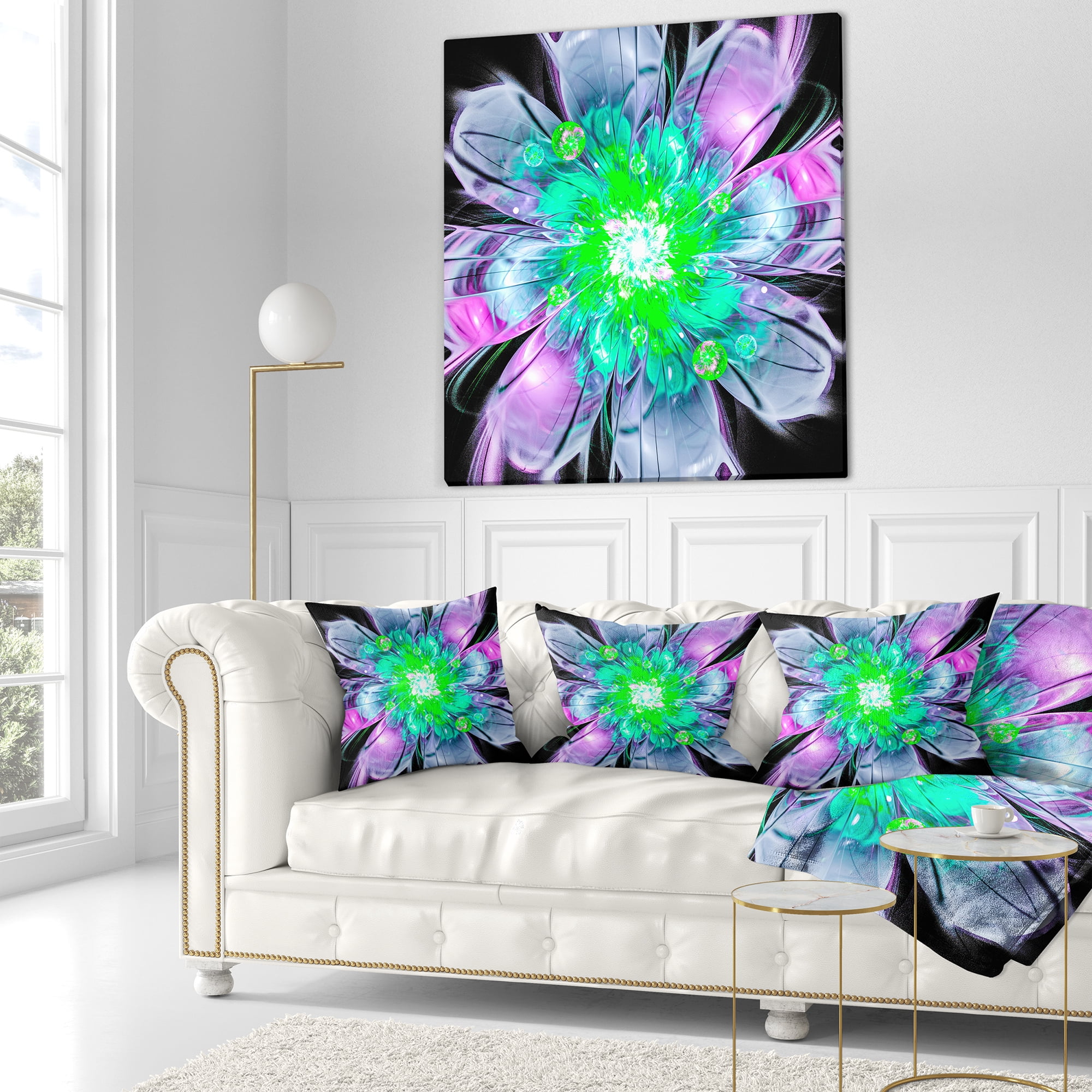 Designart Green Purple Fractal Flower Petals Close up - Floral Throw Pillow - 16x16