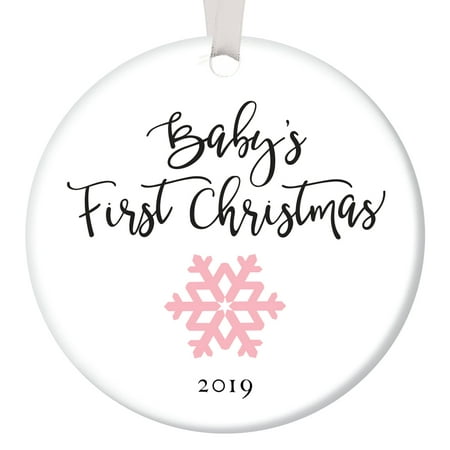 Baby's First Christmas Ornament 2019, Girl Baby Pink Snowflake Porcelain Ceramic Ornament, 3