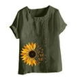 thumbnail image 4 of LMKIHUSA Workout Tops for Women Plus Size Oversized Crew Neck Linen Tops for Women 2024 Casual Sunflower Print Short Sleeve Cotton Blend Tee Shirts,Army Green XL, 4 of 5
