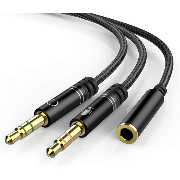 Casque 3,5 mm Splitter Mic Câble pour ordinateur, KOOPAO Casque 3,5 mm femelle vers 2 double microphone mâle audio stéréo