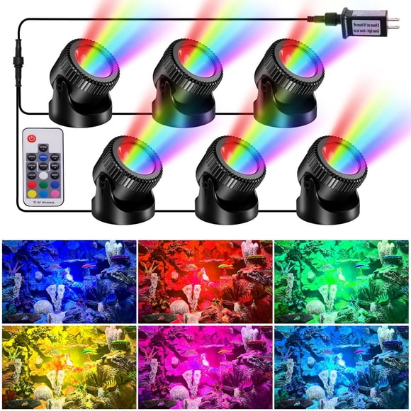 Luces subacuáticas para estanques POPOSOAP RGB de 6 cabezales IP68 a prueba de agua