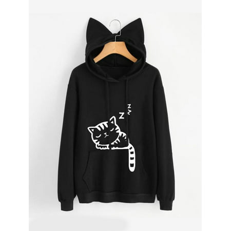 Clothes for Women on Clearance! Women's Pullover Hoodie for Women, Long Sleeve Cat Printed Hooded Sweatshirts for Juniors, Black Gift Hoodies Blouse Tops for Ladies, S-XL