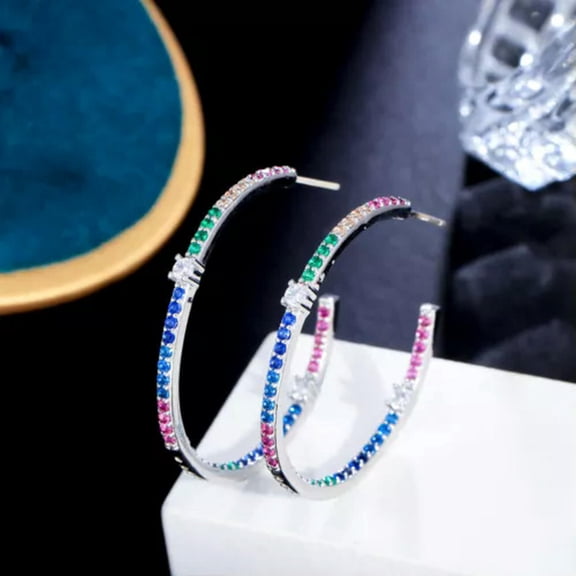 Rainbow Colorful Big Loop Round Hoop Earrings Silver Plated for Fiancee Costume