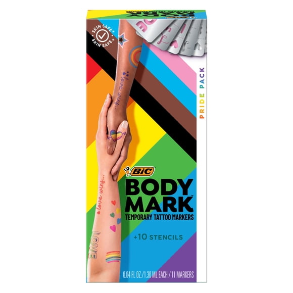 BodyMark by BIC, Temporary Tattoo Marker, Pride Pack, Skin-Safe, Mixed Brush Tip & Fine Tip, Assorted Colors, 11 Markers + 10 Stencils
