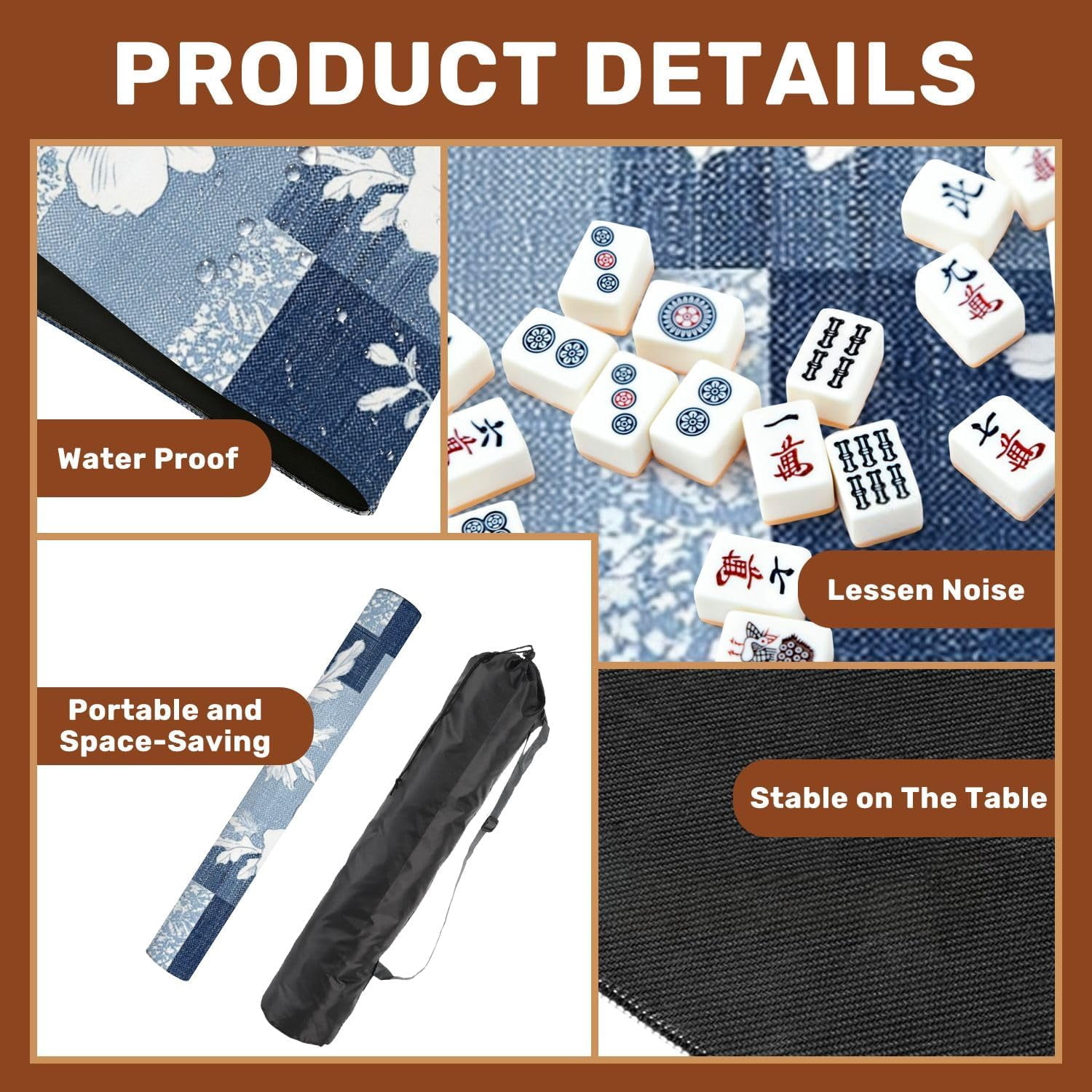 Mahjong Mat 31.5" x 31.5" Seamless Denim Patchwork Flower Non-Slip Noise Reduction Mahjong Tiles Table Cover for Dominoes Poker Card Board and Tile Games