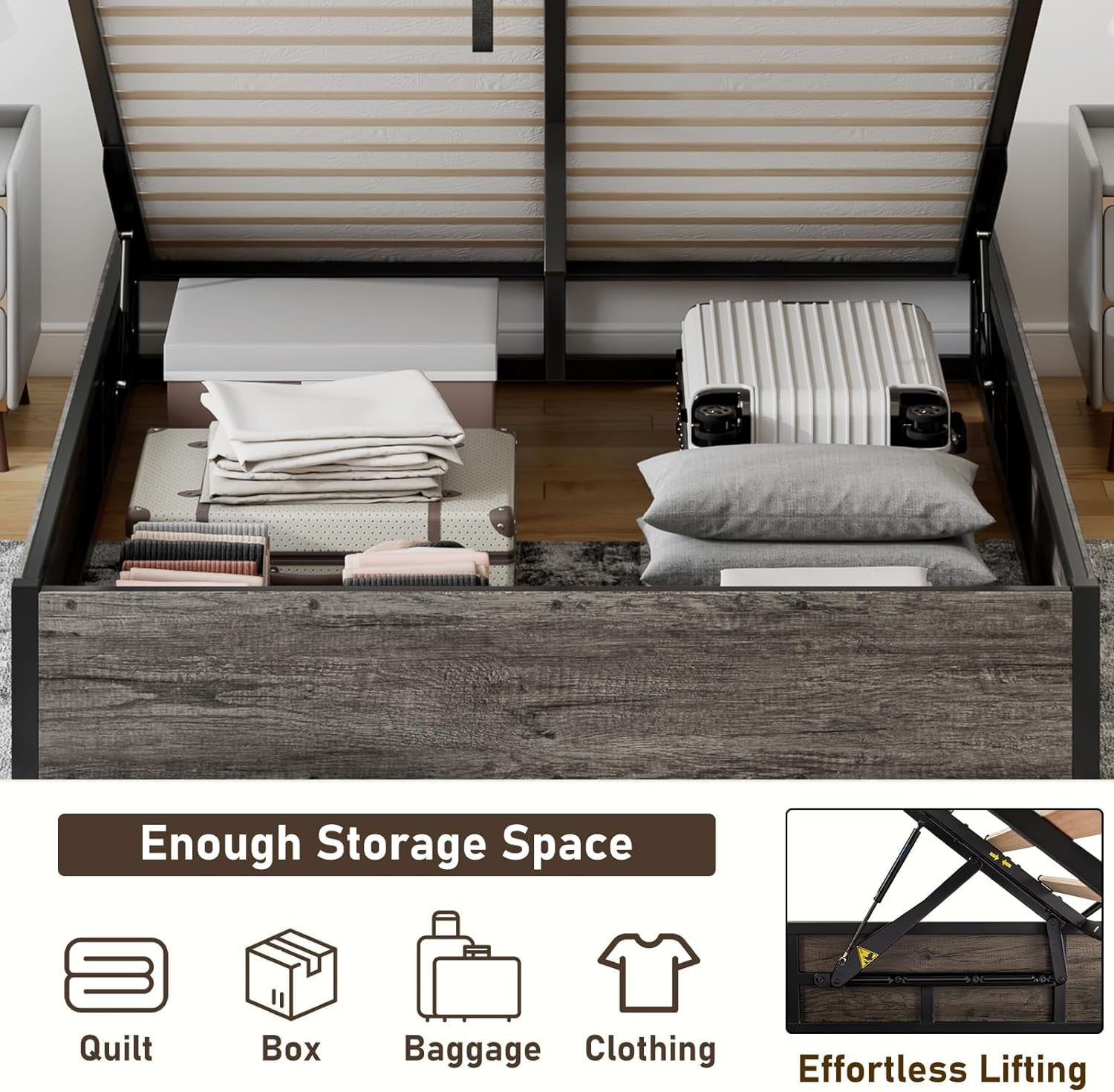 VanAcc Full Size Lift Up Storage Platform Bed Frame, Metal Bed Frame with Wooden Slats Support, Large Storage Space, Easy Assembly, Rustic Grey