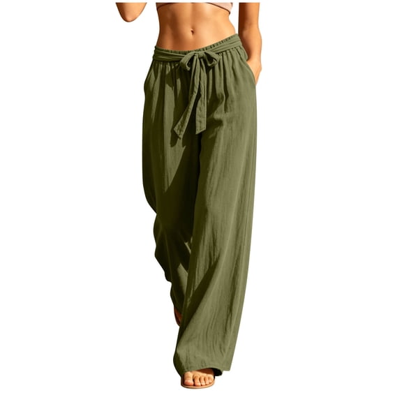 cocolona Womens Summer Casual Linen Pants Elastic Waist Drawstring Wide Leg Vacation Beach Pants with Pockets