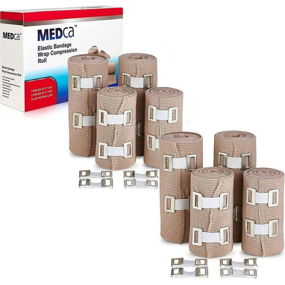 Elastic Compression Bandage Wrap - (Set of 8) w/Hooks, Athletic Sport Support Tape Rolls for Ankle, Wrist, Bandages Measure - 4" x 5 Ft - 3" x 5 Ft