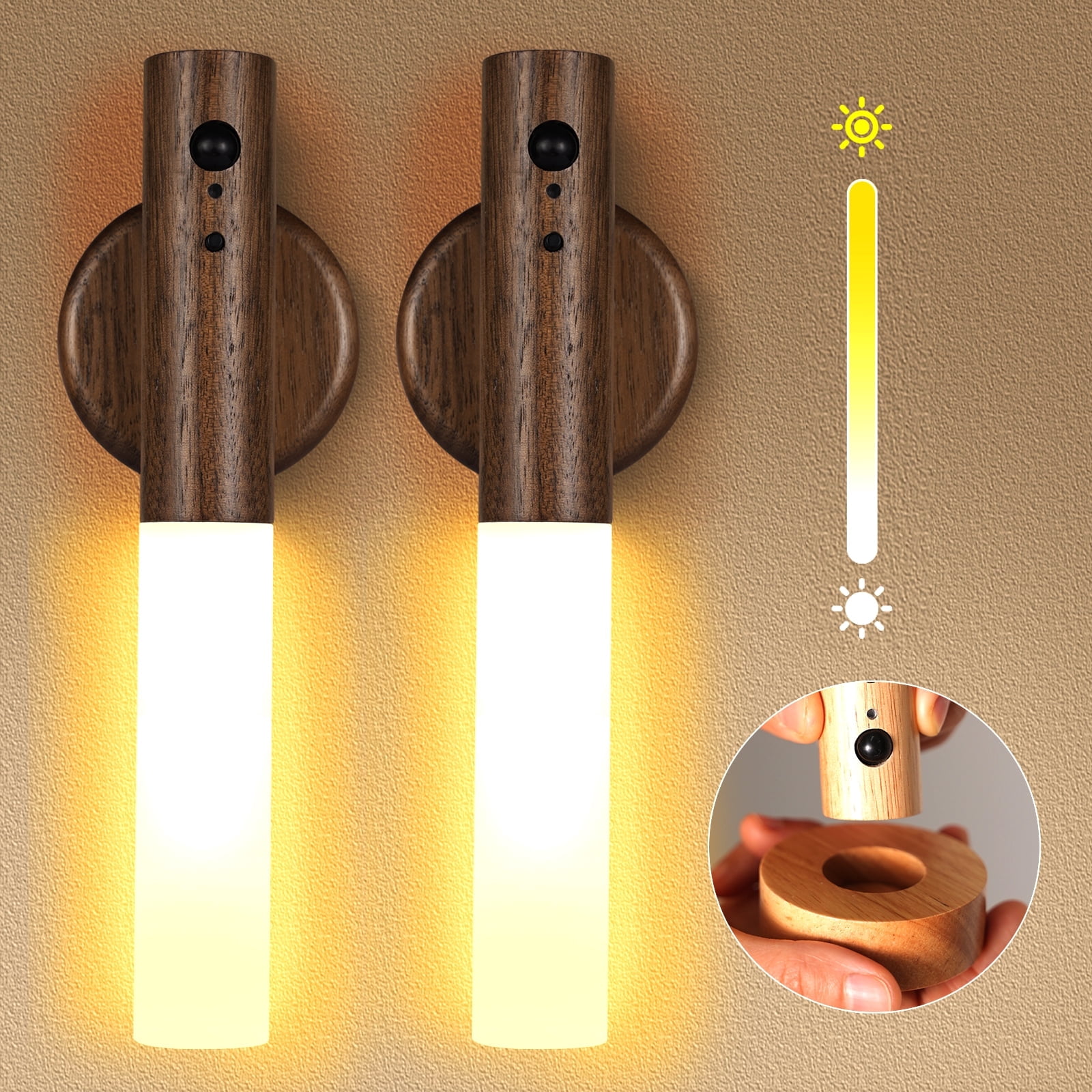 2PCS Motion Sensor Night Lights – Wooden Wall Sconce with 3 Adjustable Brightness Modes, Rechargeable Magnetic Motion Sensor Lights, Perfect for Indoor Use, Hallways, Entryways, and Corridors
