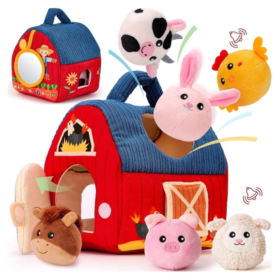 MUNDIDO Baby Toys 6 7 8 9 12 Months - Surprise Barn with Stuffed Farm Animals, Rattle, Crinkle Paper, Mirror - Montessori Toys for Babies, Sensory Balls for Toddlers 1 2 3 4  Baby Stuffers Gifts