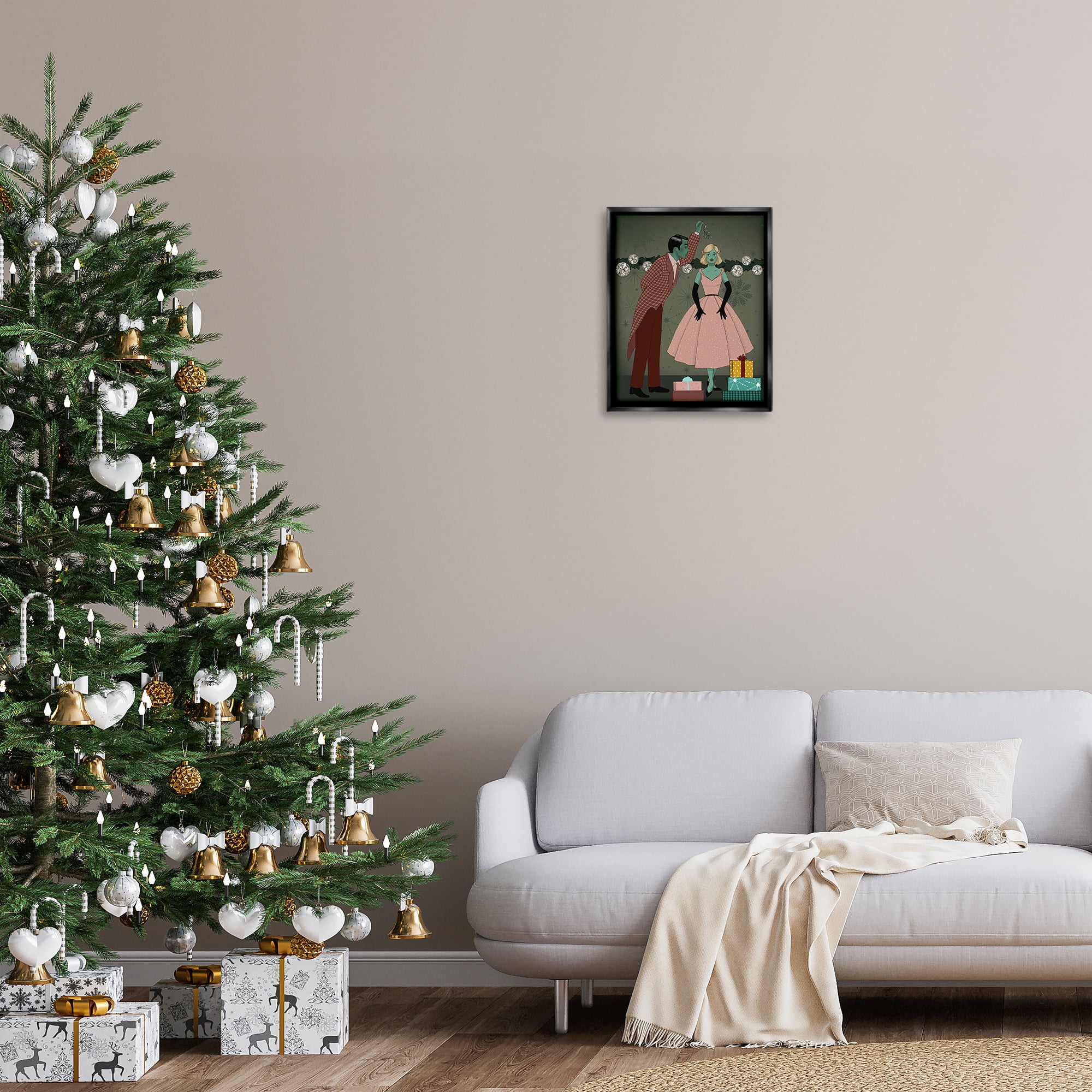 Stupell Industries Romantic Christmas Kiss Holiday Painting Black Floater Framed Art Print Wall Art, 17 x 21