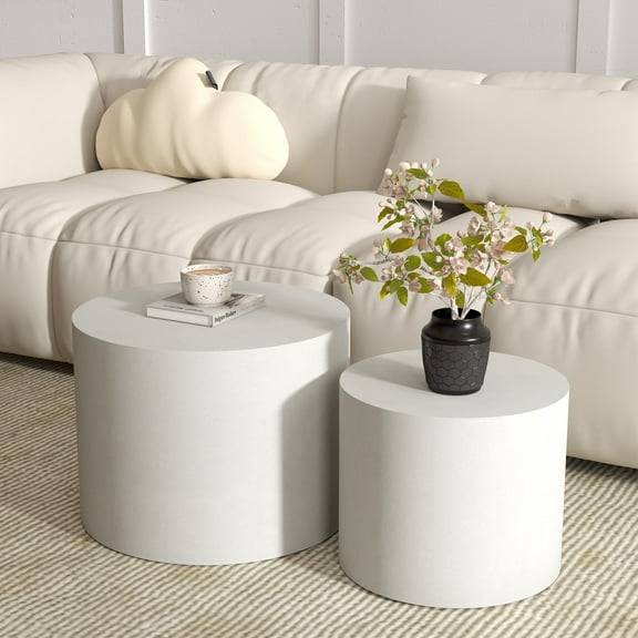 Nesting Coffee Table Set of 2, Round White Coffee Table Modern Circle Coffee Table Side End Table for Small Spaces Living Room, Bedroom, Balcony, Office