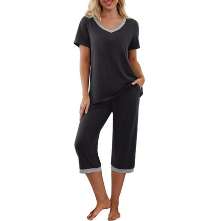 

CAITZR Womens Pajamas Set Short Sleeve V Neck Top with Capri Pants with Pockets Casual Sleepwear Pjs Loungewear Sets S/M/L/XL