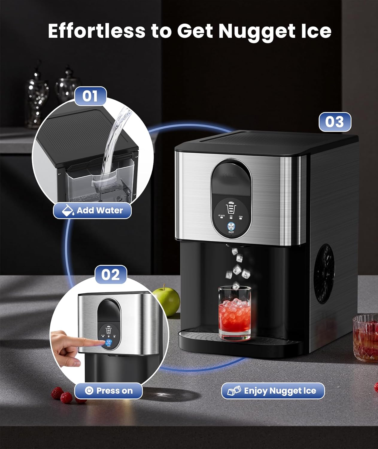 Moifoi 44lbs Countertop Nugget Ice Maker, Self-Cleaning Pellet Ice Machine for Home, Office, Party, Commercial Use, Stainless Steel