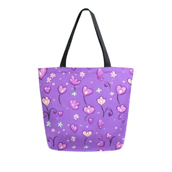 Durable Canvas Tote Bag with Zip Pocket Bags for Woman Shoulder Versatile Carryall for Everyday Use Purple Hearts and Flowers