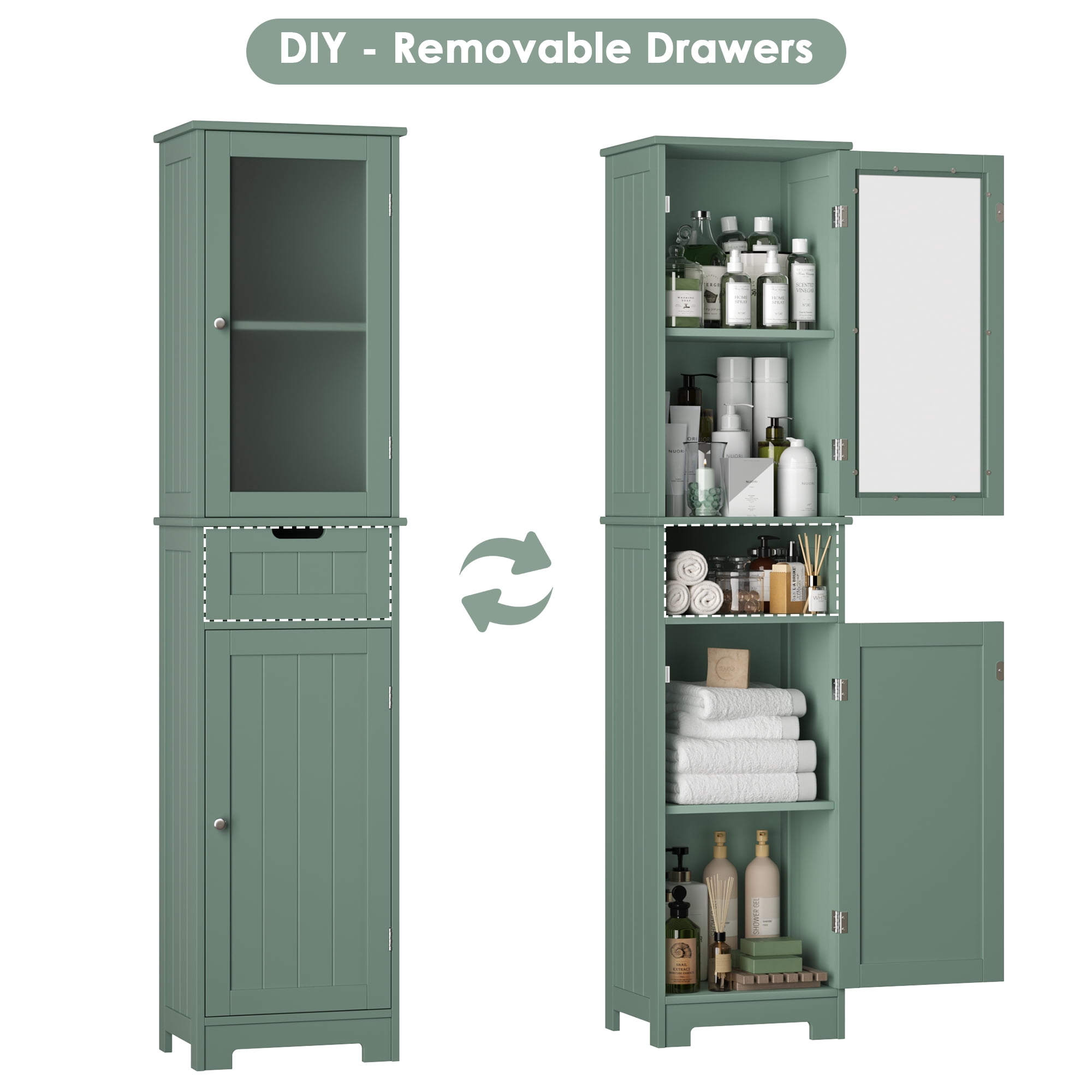 Homfa Bathroom Storage Tower, Narrow Linen Cabinet with Door and Drawers, Tall Bathroom Storage Cabinet for Small Spaces, Green