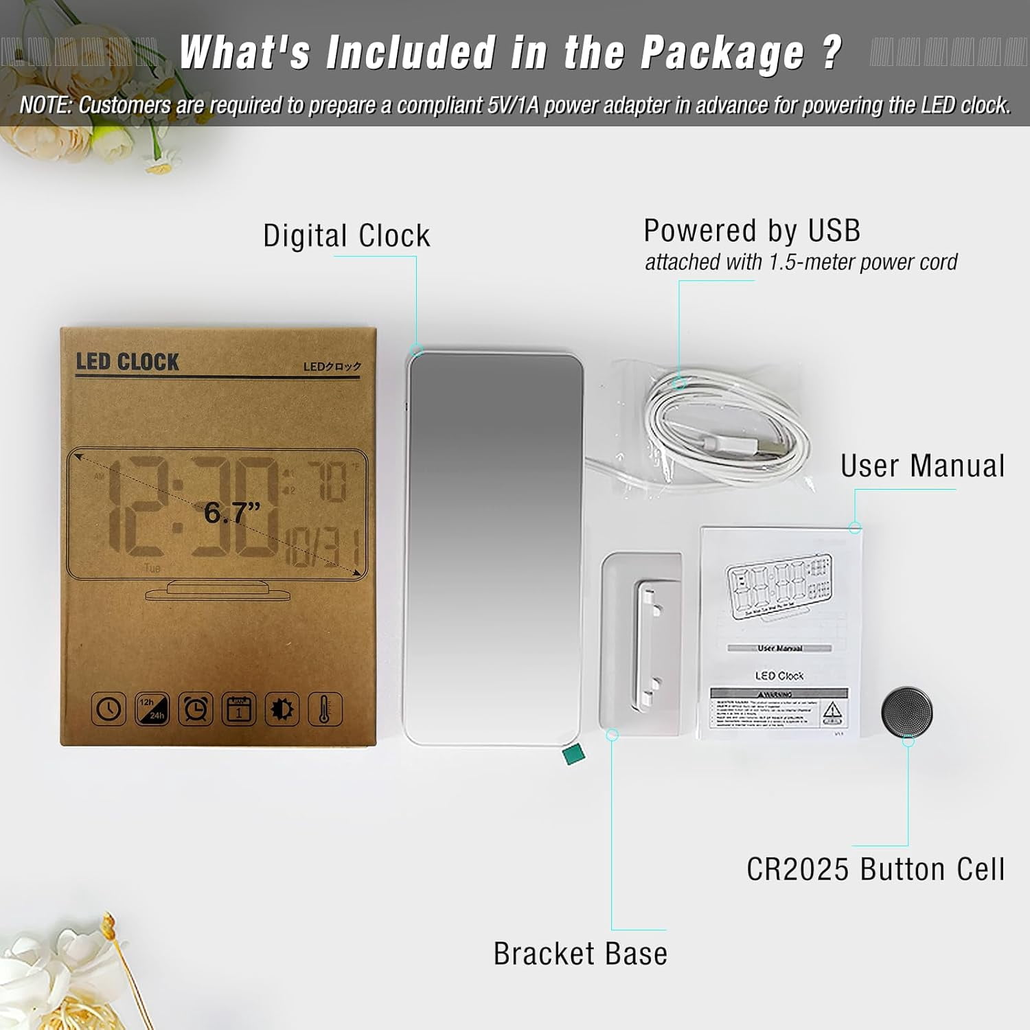 Digital LED Clocks for Bedrooms 6.7in White Alarm Clock, Dimming, 12/24h, Date, Day of Week,Temp,Desk Clock Bedside, Calendar Living Room Essentials