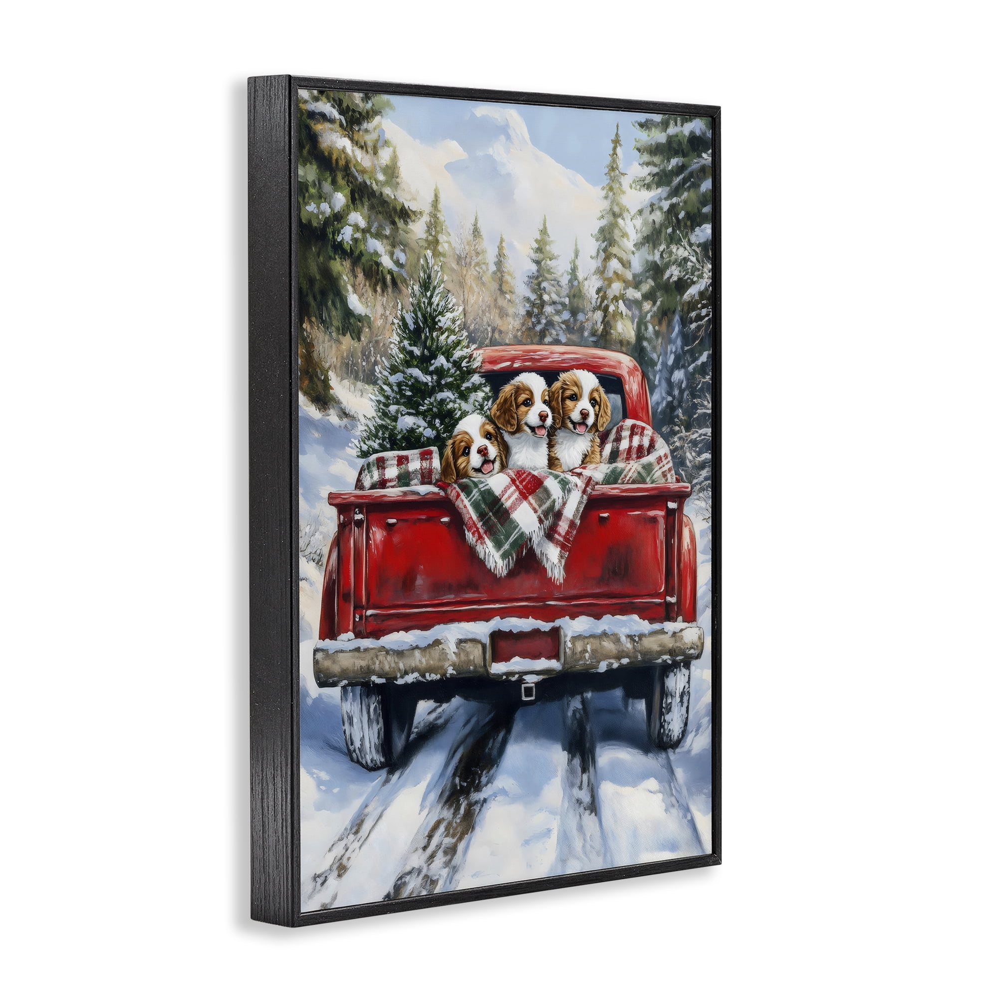 Christmas Truck Pups Trio Black Framed Giclee Art, design by Petal Prints Design