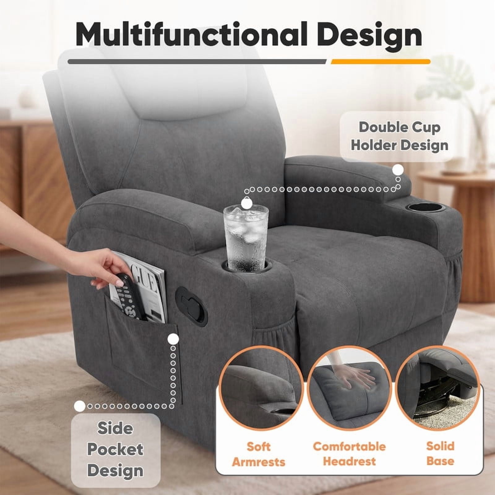 Lacoo PU Leather Swivel Rocker Recliner with Massage for Living Room Small Spaces Lounge Recliner Chair with Side Pockets for Adults,Linen Gray