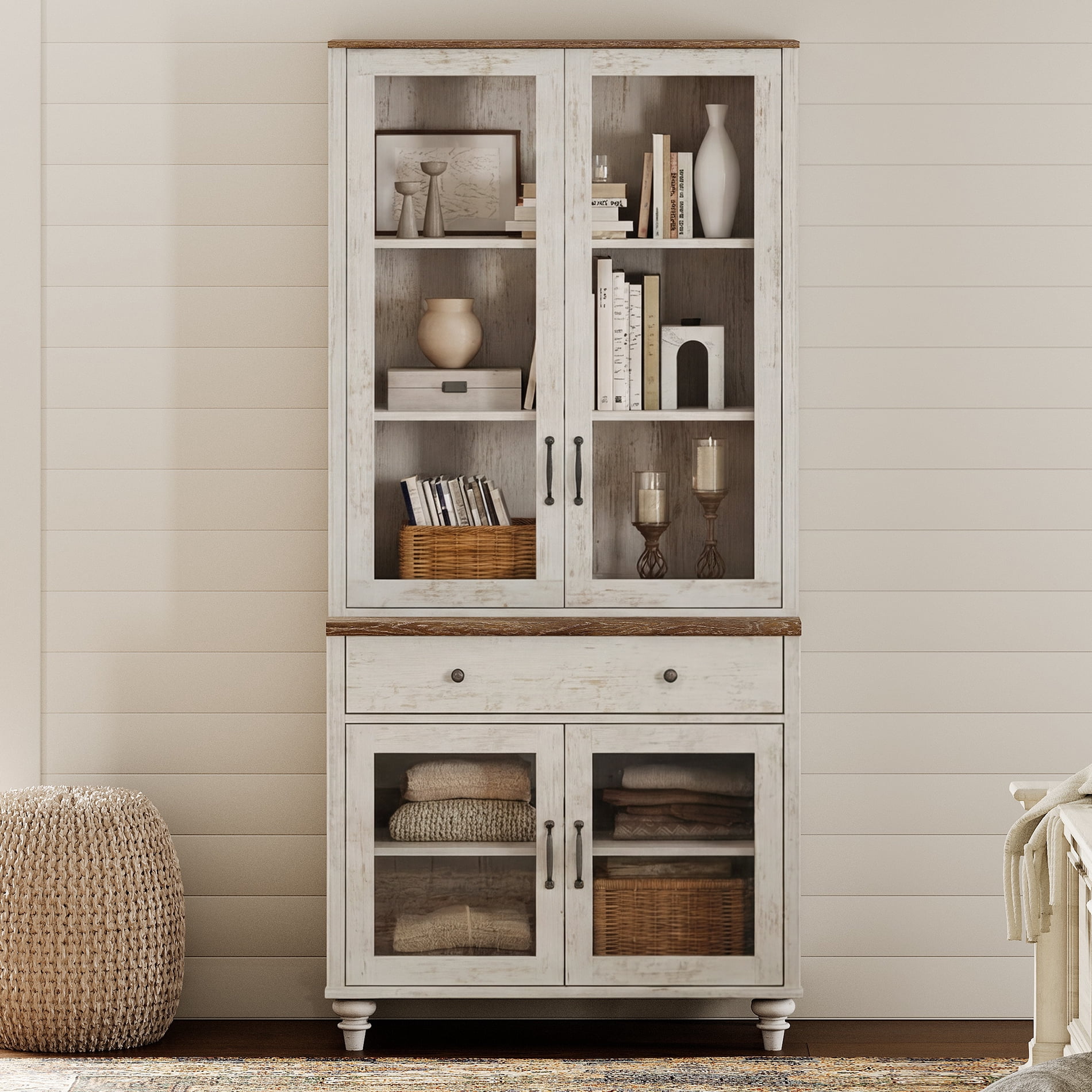 72.1"H × 33.9"W Farmhouse Wooden Bookcase with Glass Doors and Drawer, Large Storage Bookshelf for Living Room, Bedroom, Home Office & Kitchen, Rustic white