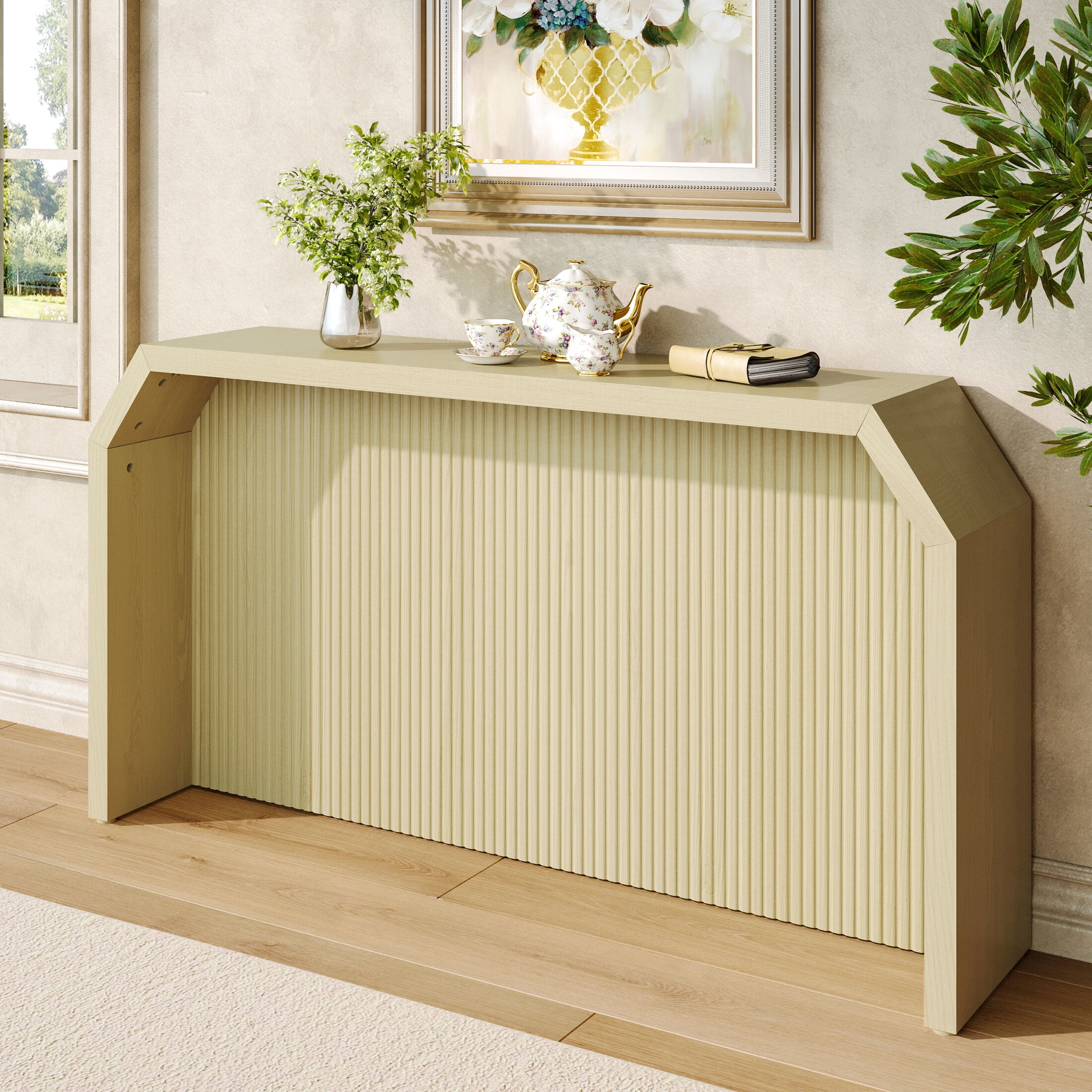 Techmilly 55.9" Fluted Sofa Console Table Behind Couch, Modern Vintage Fluted Entryway Table for Living Room, Hallway,Entry,Light Natural Wood