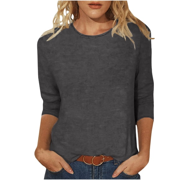 Blusas Umfun para mujer, cuello redondo liso, manga 3/4, blusa informal versátil, gris oscuro, talla M
