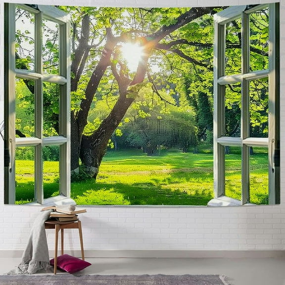 Shiartex Tapestry Green Aesthetic Natural Scenery Window View Wall Tapestries for Bedroom Living Room Decor Trees Forest Sunrise Sunshine Picture Summer Nature Tapestry 40x30inch