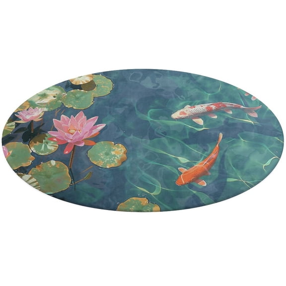 Lucky Koi Fish Lotus Leaf Round Rugs -Washable Non-Slip Small Round Area Rug Throw Soft Circle Rugs for Bedroom, Modern Print Indoor Carpet for Entryway Sofa Living Room