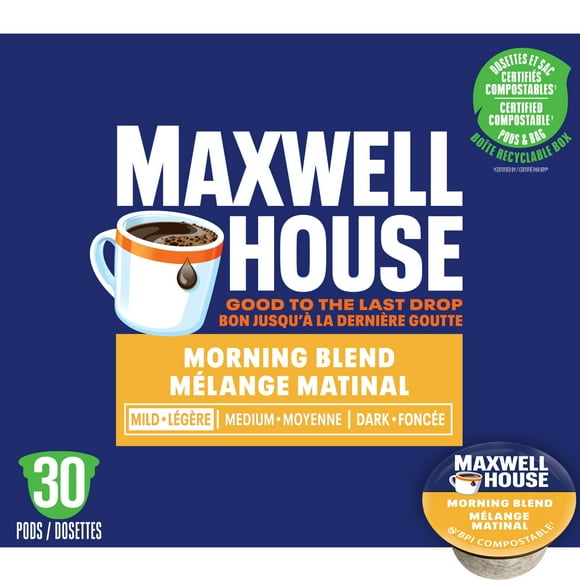 Maxwell House Morning Blend Coffee 100% Compostable K Cup Coffee Pods, 30 Pods, 285g, 30 Pods