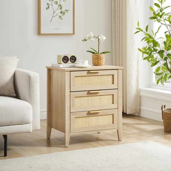 Studyset Rattan Nightstand,Rattan End Table,Nightstands with 3 Natural Rattan Drawers,Bedside Table,Strong Support Wooden Structure,End Side Table  with Storage Drawers for Bedroom,Living Room