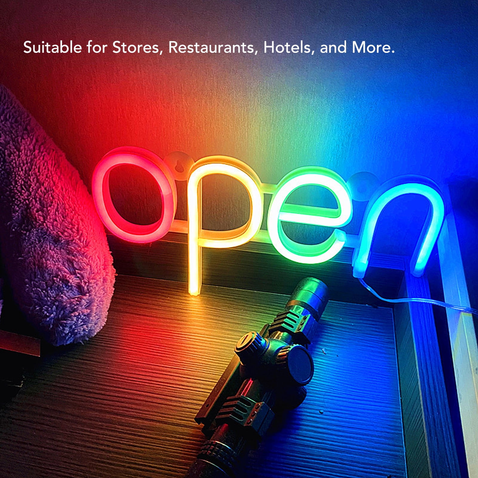 YAHHU 13.8x7.3in Bright RGB LED Neon Open Sign Multi-Color Illumination Battery & USB Powered PVC Display Light for Storefront, Window, Bar, Restaurant, Hotel and Party Decor