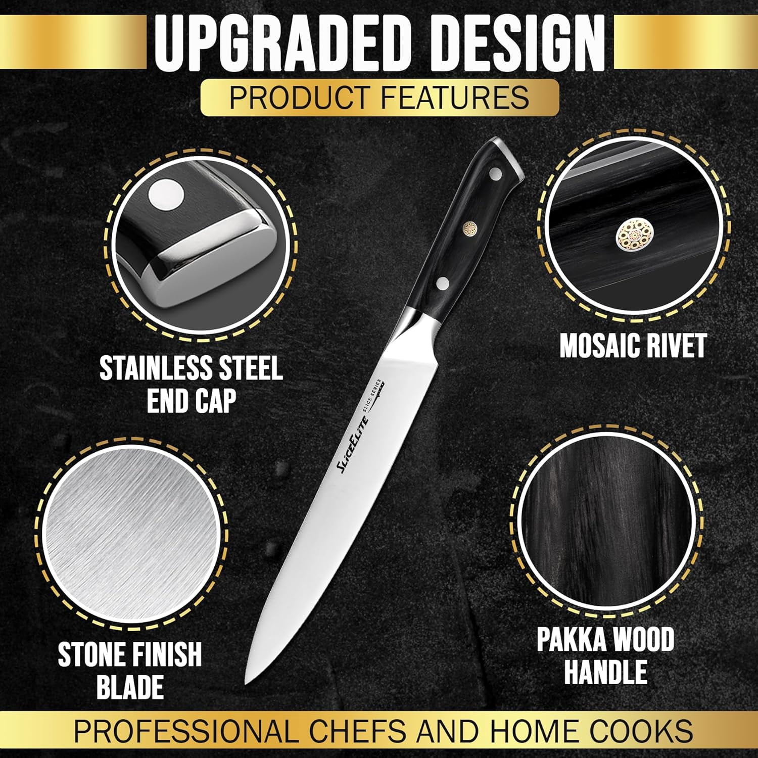 Slice Series 8-Inch Carving Knife - High Carbon German Steel Blade with Ergonomic Pakkawood Handle and Durable Polymer Sheath (Carving Knife with Leather Sheath)