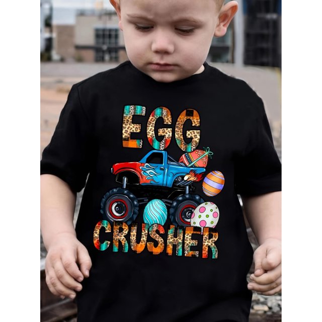 Easter EGG CRUSHER Print Boy's Casual Tees, Short Sleeve Crew Neck Comfy T-shirt Kids Outdoor Sports Clothing