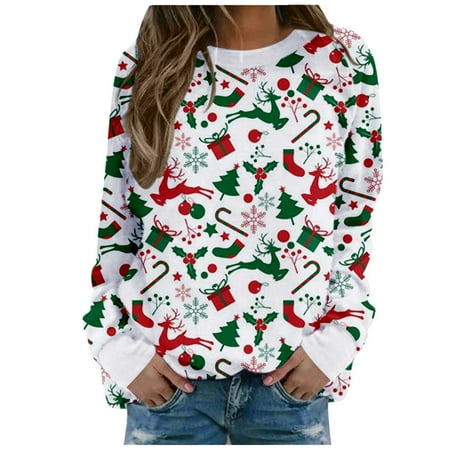 

JDEFEG Short Sleeve Scrub Jackets Women Sweatshirt Loose Christmas Round Collar Long Sleeve Print Easy Blouse Shirt Misses T Shirt Tops Polyester White Xxl
